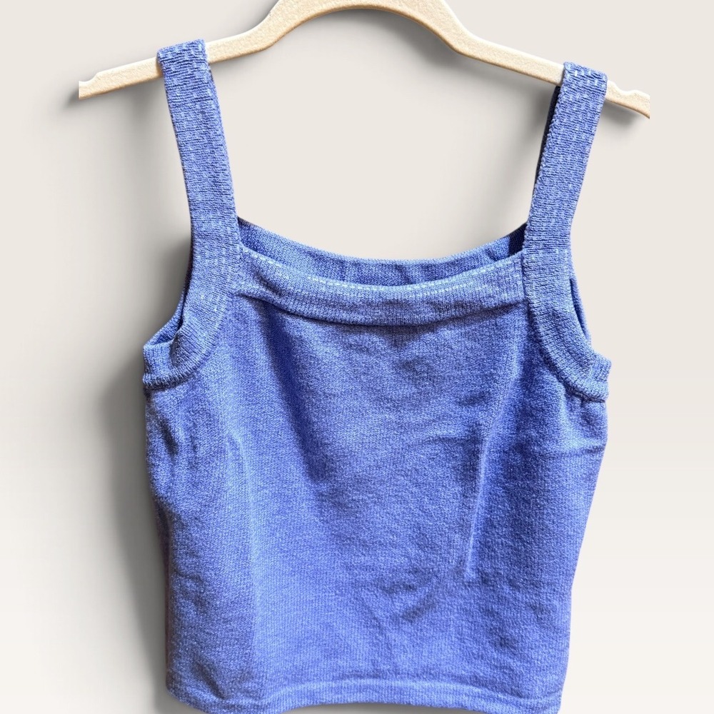 Vintage St. John Periwinkle Blue Knit Tank Top Square Neck Embellished Size XS